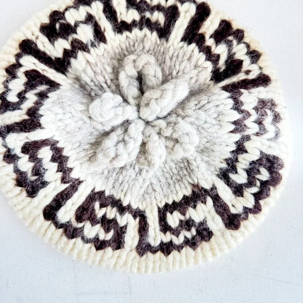 Vintage Hand Knit Wool Chunky Knit Beret Hat L